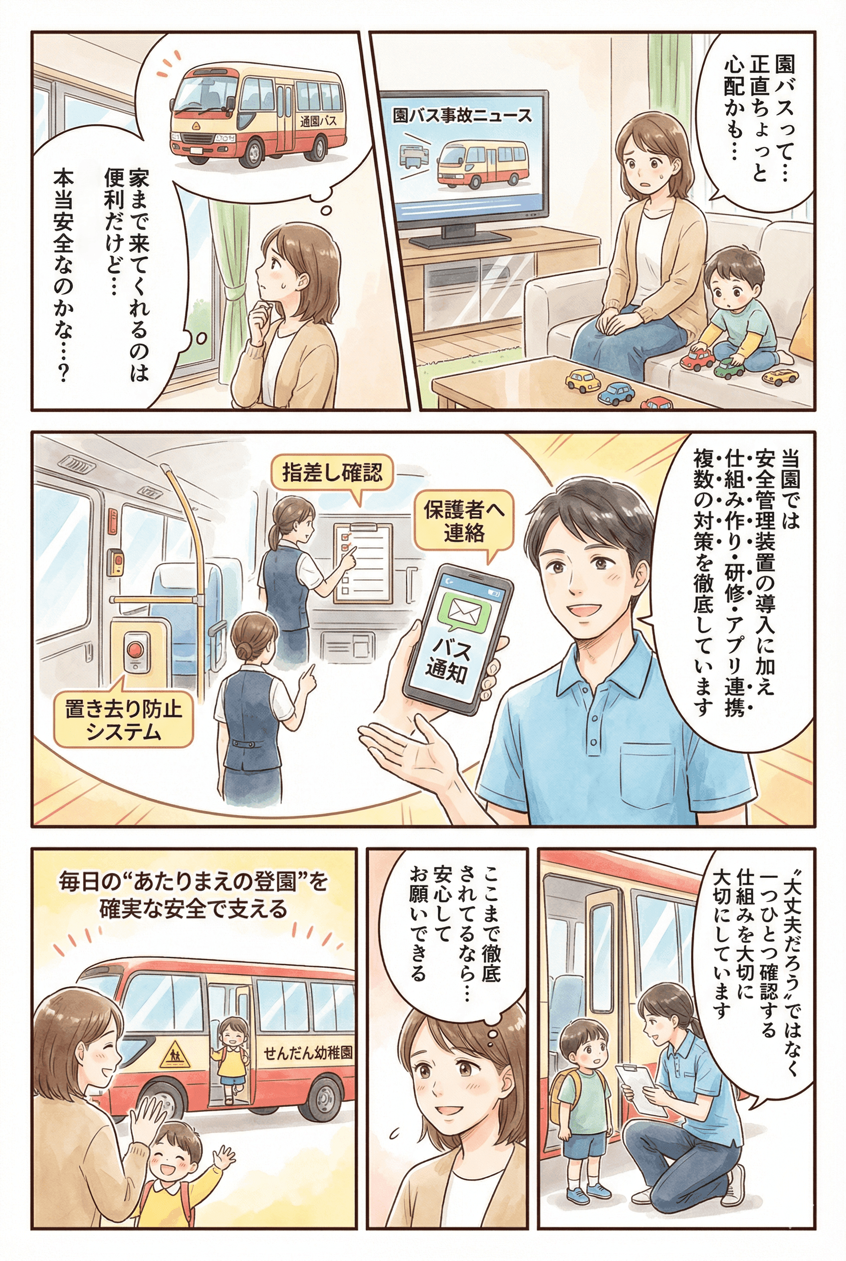 園バスの安全管理と置き去り防止の取り組みを説明する漫画