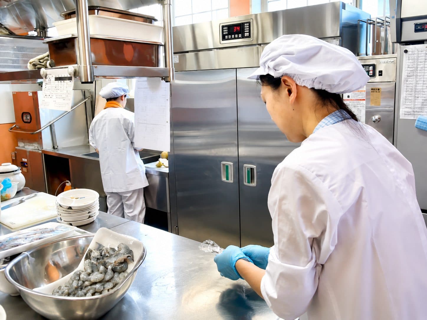 自園厨房で、調理員たちがその日の給食を仕込む様子
