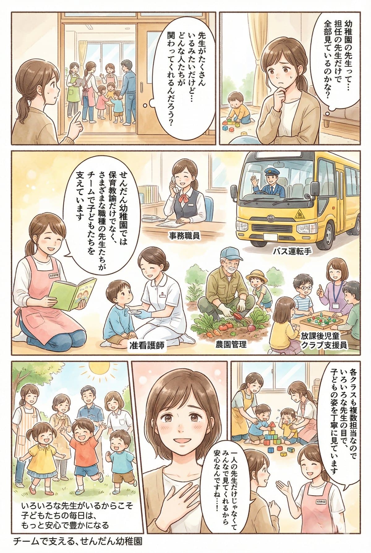 担任の先生だけでなく、事務職員・バスの運転手・准看護師・農園管理・放課後児童クラブ支援員がチームで子どもたちを支えていることを紹介する漫画